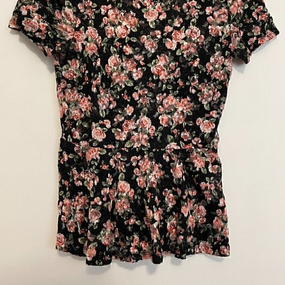 FOREVER 21 Black Pink Multi Floral Lace Twee 2010s Short Sleeve Peplum Blouse M - Picture 5 of 16